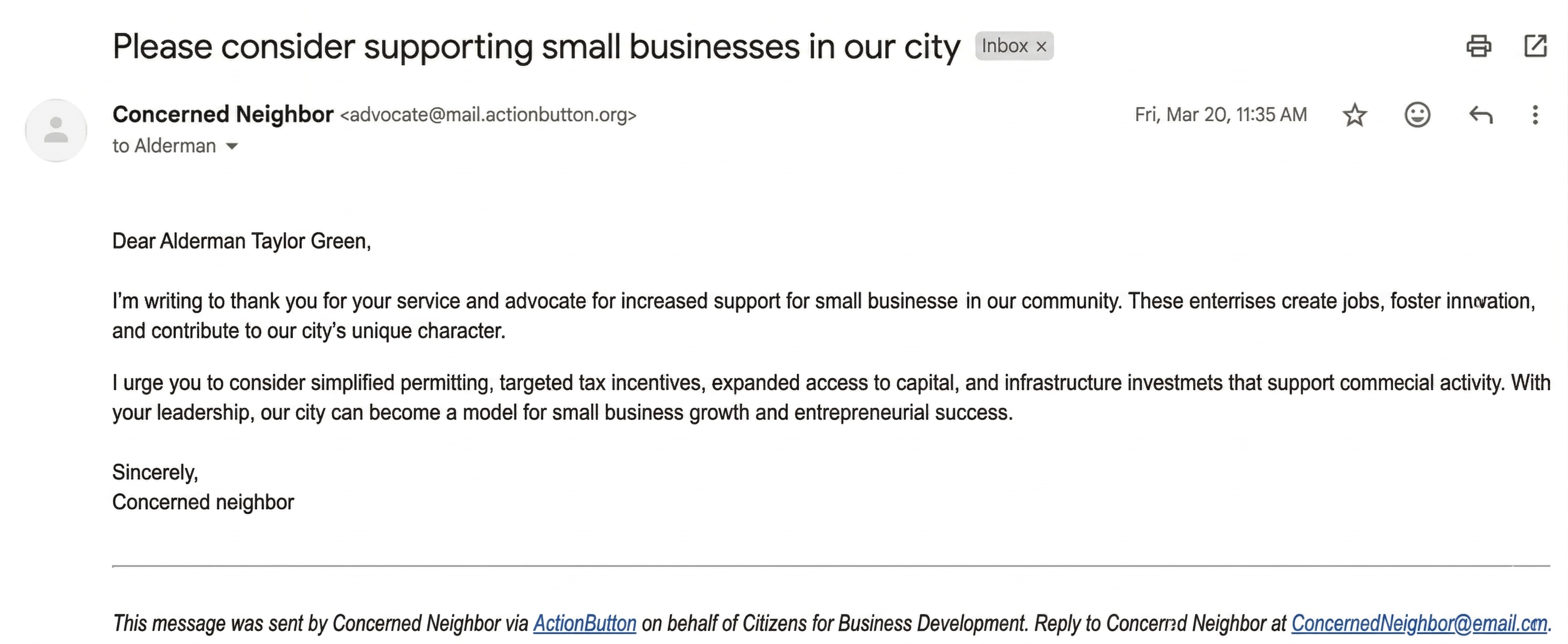 The image shows a screenshot of an ActionButton email from 'Concerned Neighbor' to Alderman Taylor Green, dated Friday, March 20, 11:35 AM. The email expresses gratitude for the alderman's service and advocacy for small businesses, highlighting the benefits they bring to the community.